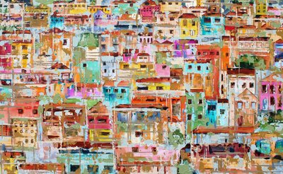 Art city houses everywhere - 180 x 110 cm - Kleurrijk schilderij